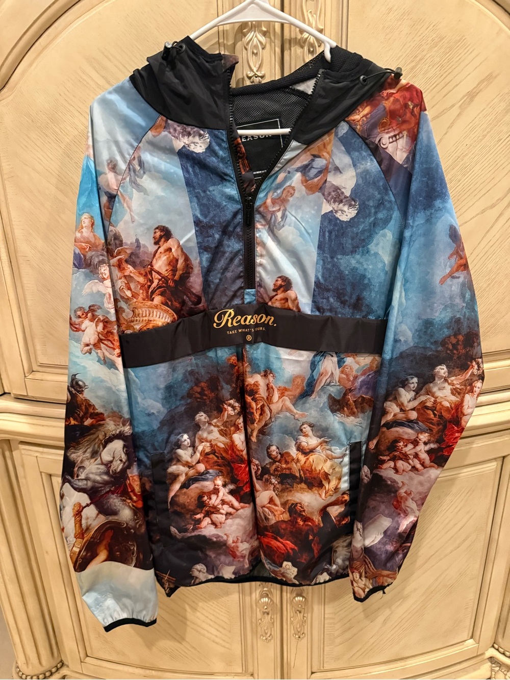 Reason Men's Multi-Color Classical Art Print Hooded windbreaker jacket, size L